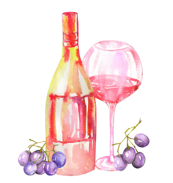Image of the watercolor red wine (champagne) bottle, blue grapes and glass of the red wine. Painted hand-drawn in a watercolor on a white background. - Fotoğraf, Görsel