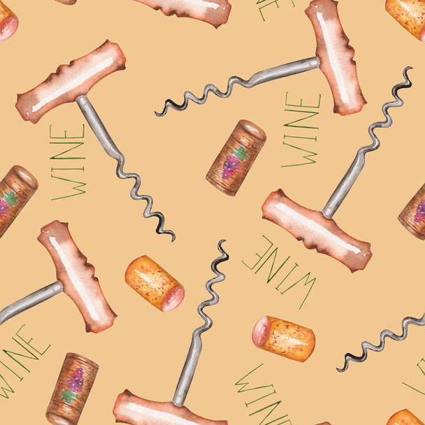 A seamless watercolor pattern with the wine elements: wine corks and a corkscrew - Photo, Image
