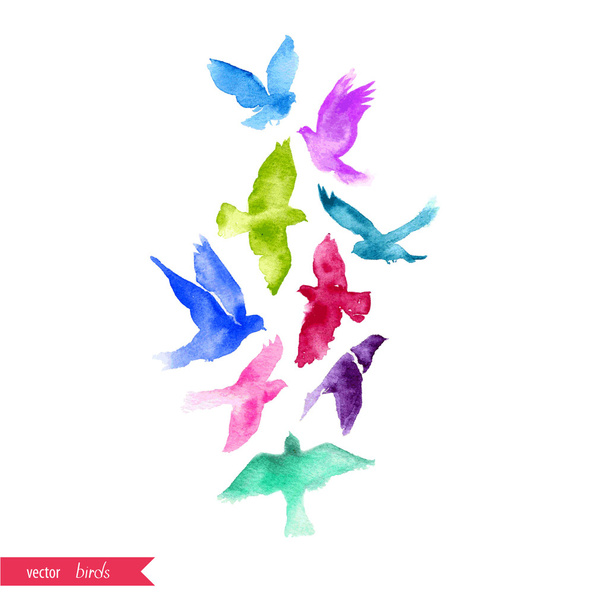 flying Watercolor birds - Vector, Image
