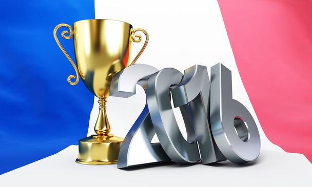 Frankrijk voetbal 2016, Gold Trophy Cup en vlag van Frankrijk. 3D-illustraties - Foto, afbeelding
