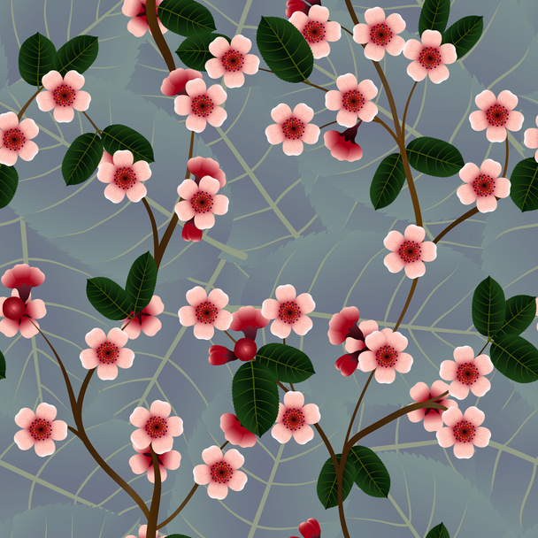 Seamless pattern with pink cherry flowers and leaf - Vektor, obrázek