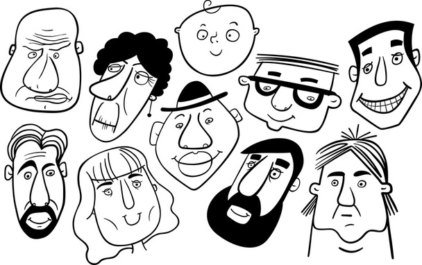 Schwarz-weiße Komposition verschiedener Cartoon-Gesichter - Vektor, Bild