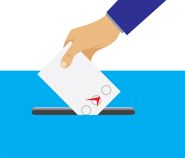 Hand legt Stimmzettel in die Wahlurne. - Vektor, Bild