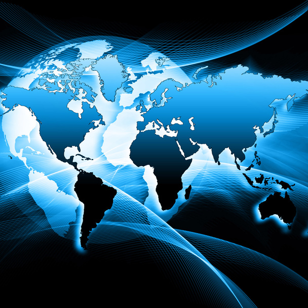 Maailman kartta teknologisella pohjalla, hehkuvat linjat Internetin, radion, television, matkaviestinnän ja satelliittiviestinnän symbolit
. - Valokuva, kuva