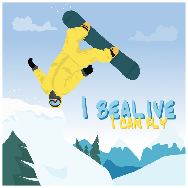 Snowboarder salto pose en invierno al aire libre fondo
 - Vector, imagen