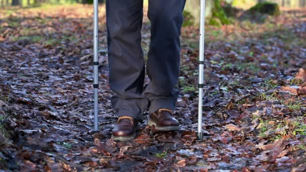 Niepełnosprawny mężczyzna o kulach na zewnątrz na ścieżki w parku na jesień liście - Materiał filmowy, wideo