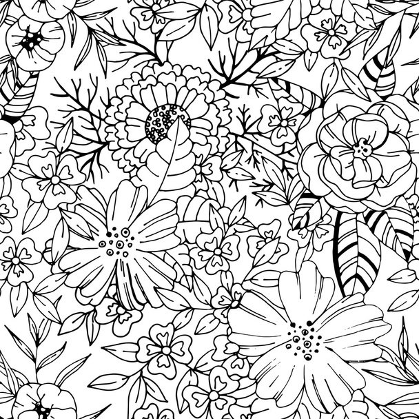 黒と白の花のシームレスなパターン - ベクター画像