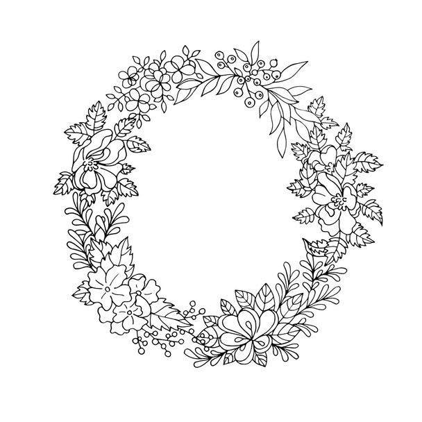 Black and white floral wreath - Διάνυσμα, εικόνα