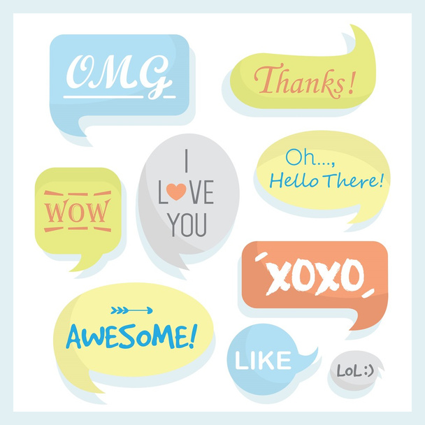 Trendy and colorful speech bubbles set with some words in different retro shapes - Vector, Image