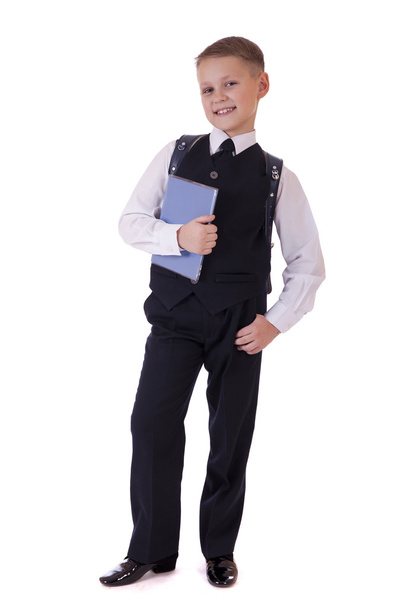 Full length portrait of a boy in a suit standing with schoolbag - Φωτογραφία, εικόνα