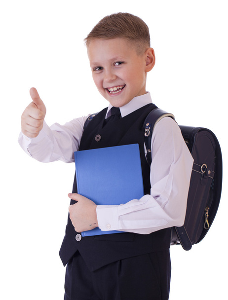 Caucasian school boy on white background with copy space - Foto, Imagem