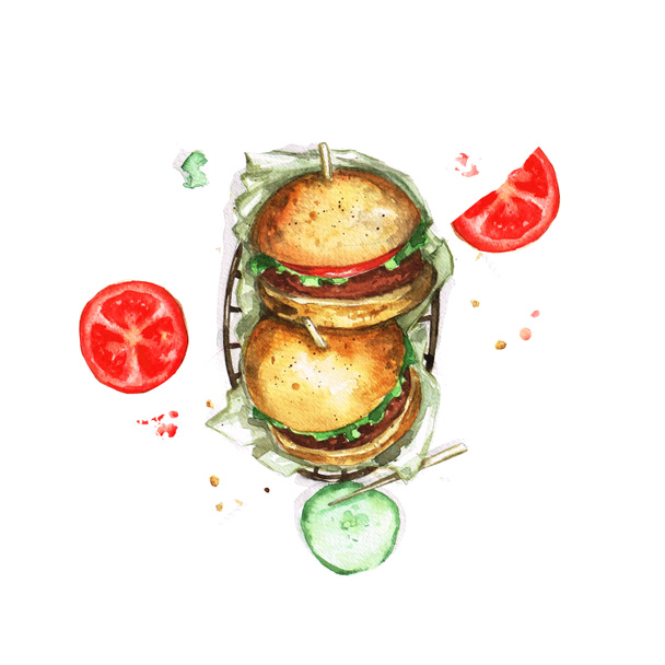 Hamburgery - akvarel potravinové sbírky - Fotografie, Obrázek