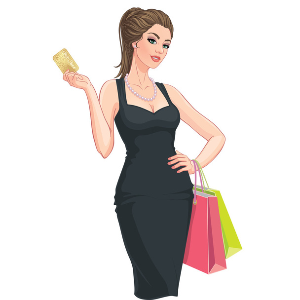 glückliche junge Frau mit Einkaufstaschen und Rabattkarte - Vektor, Bild