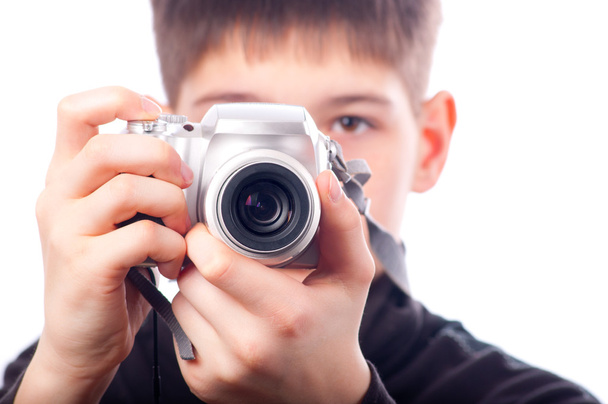 Teenage boy taking pictures with point and shoot camera - Fotoğraf, Görsel