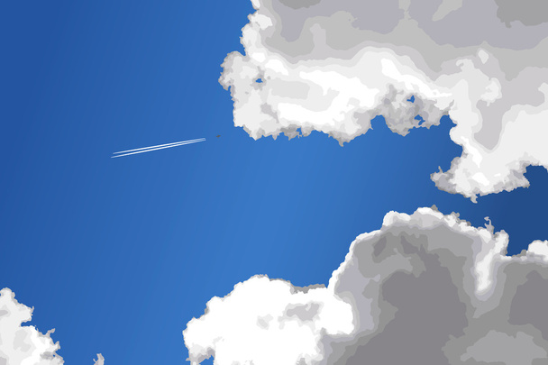 Letadlo se sleduje v modrou oblohu s mraky. Vektor. - Vektor, obrázek