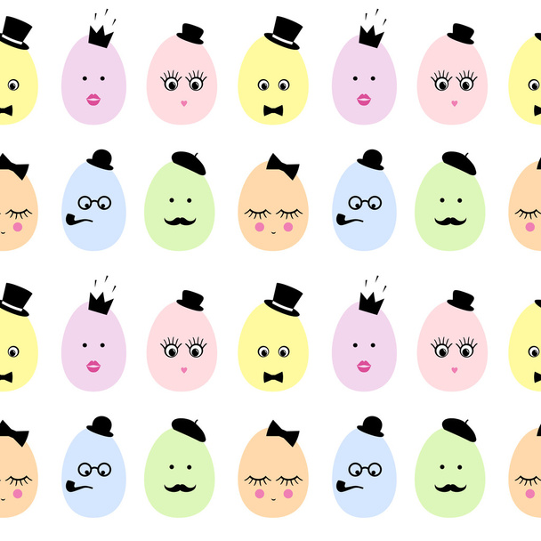 Easter eggs with cute faces, fashion glasses, mustache, bow-tie, hat, tobacco pipe, eyes, lashes, lips, crown on white background. Colorful Easter eggs seamless pattern. - Vector, Image