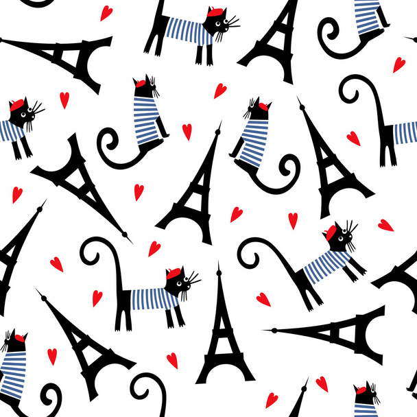 Símbolos de París patrón sin costuras. Lindo gato parisino de dibujos animados y recorrido ilustración vectorial Eiffel. Viajes románticos en París
. - Vector, imagen