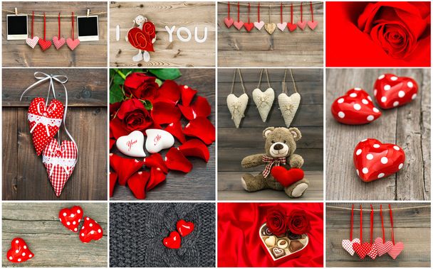 Valentines Day card concept. Red hearts, rose flowers, decoratio - Foto, imagen