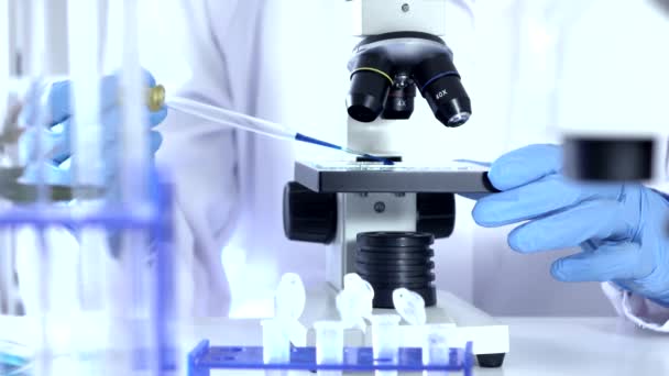 Researcher Working in Lab With Microscope.researcher in biochemical lab. - Filmati, video