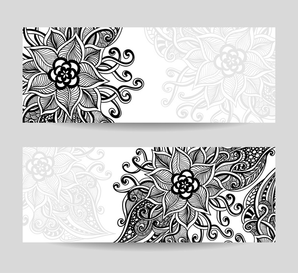 Set banners with Zen-doodle  abstract decorative flowers black on white - Vector, afbeelding