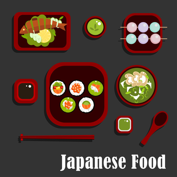 Japanese seafood dishes and dessert - Vektor, kép