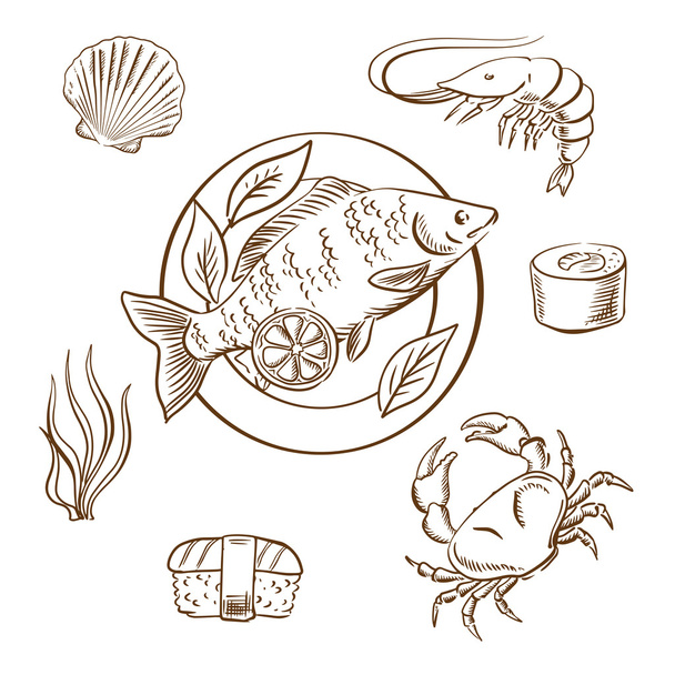 Meeresfrüchte-Sketche mit Fisch, Sushi, Krabben und Garnelen - Vektor, Bild