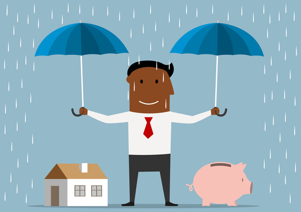 Businessman protecting house and piggy bank - ベクター画像