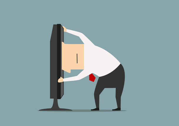 Businessman stuck in computer monitor - Vector, Image