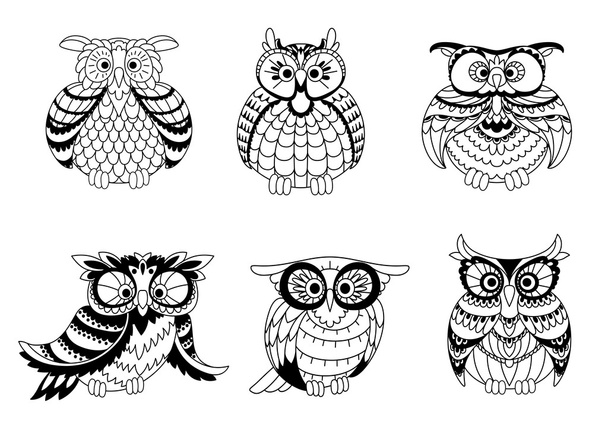 Black and white owls outline silhouettes - Διάνυσμα, εικόνα