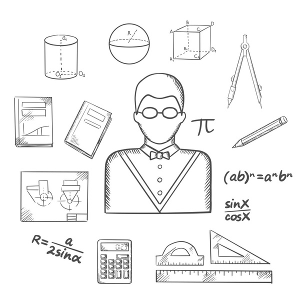Mathematiker oder Lehrer skizzieren mit Objekten - Vektor, Bild