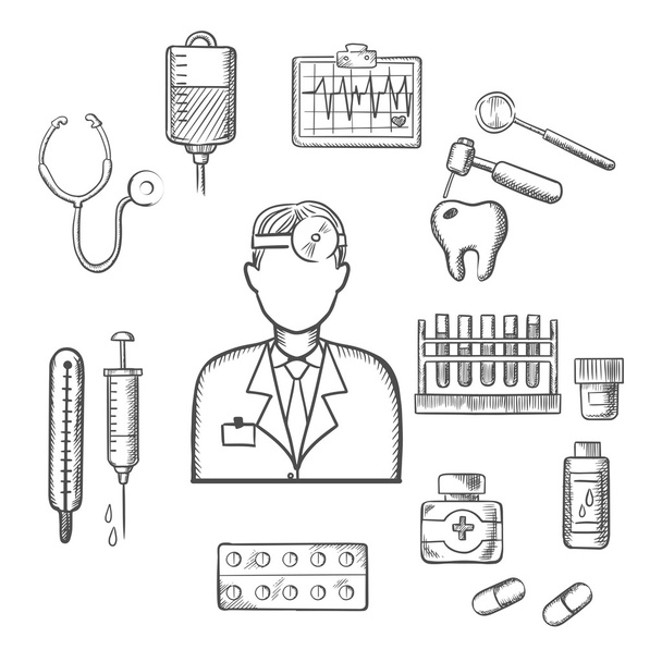 Doctor therapist with medical sketch icons - Wektor, obraz