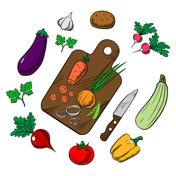 Приготовление овощного салата, красочный эскиз
 - Вектор,изображение