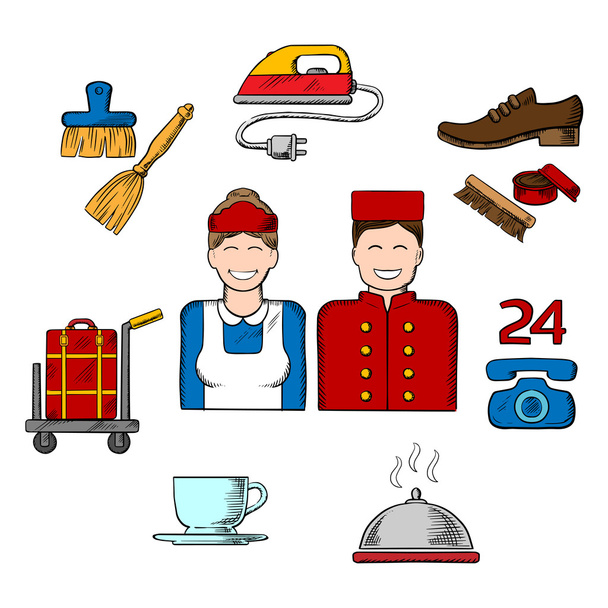 Hotel and room service sketch icons - Wektor, obraz