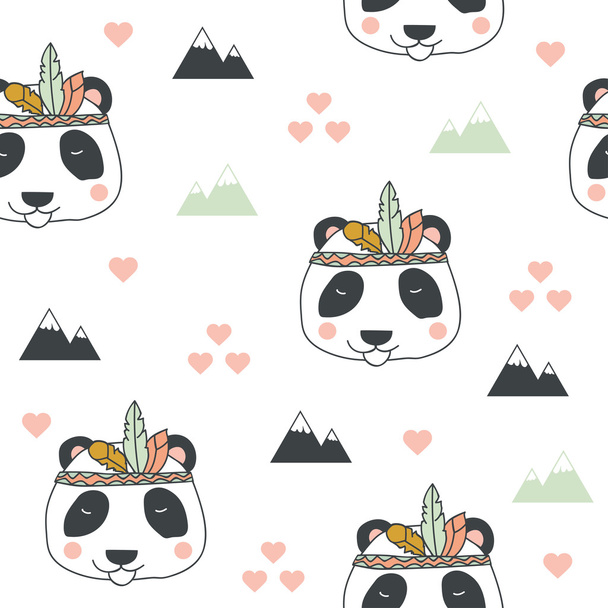 Beautiful indian seamless pattern of panda bear with feathers in vector.  Cute cartoon background in bright colors - Vector, Image