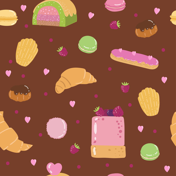 Vector illustration of a pattern of desserts in Paris eclairs, cakes, macaroons, profiterole, croissant, madeleines, - Διάνυσμα, εικόνα