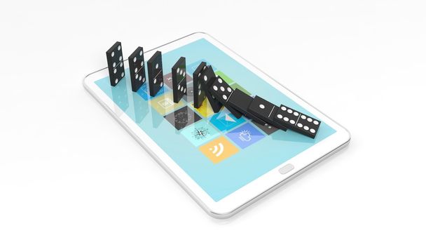 Zwarte domino tegels vallen in een rij op Tablet PC-scherm, geïsoleerd op wit - Foto, afbeelding