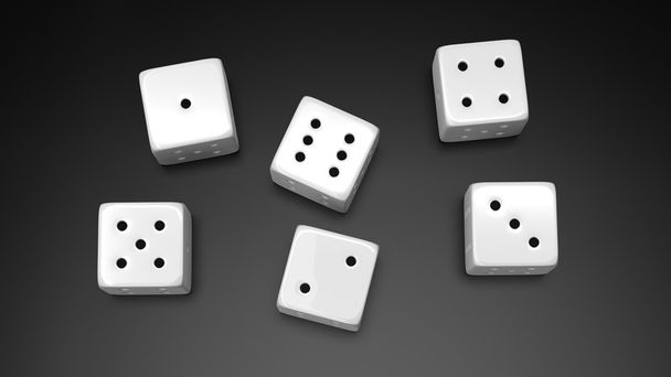 Six white dices with one to six numbers, isolated on black background - Foto, Imagen