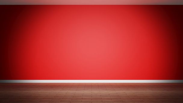 Interior da sala, parede vermelha vazia e piso de madeira
 - Foto, Imagem