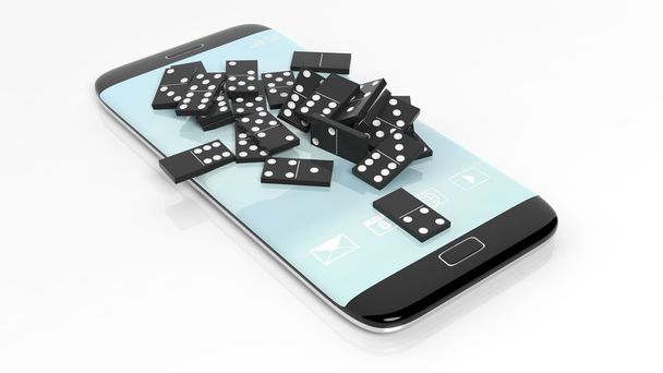 schwarze Dominosteine, zufällig auf dem Smartphone-Bildschirm gestapelt, isoliert auf weiß - Foto, Bild