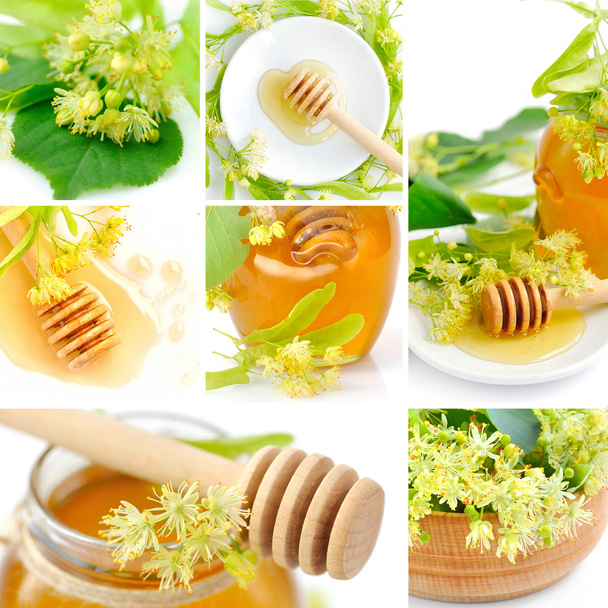 Beautiful collage with fresh honey and flowers of linden - Photo, Image