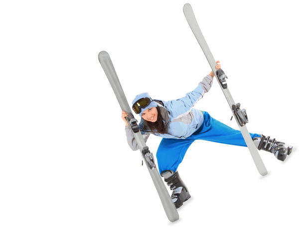 Young girl in sportwear with ski isolated over white - Zdjęcie, obraz