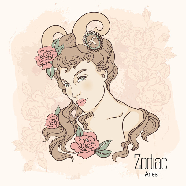 Zodiac. Vector illustration of Aries as girl with flowers. Desig - Vector, Image