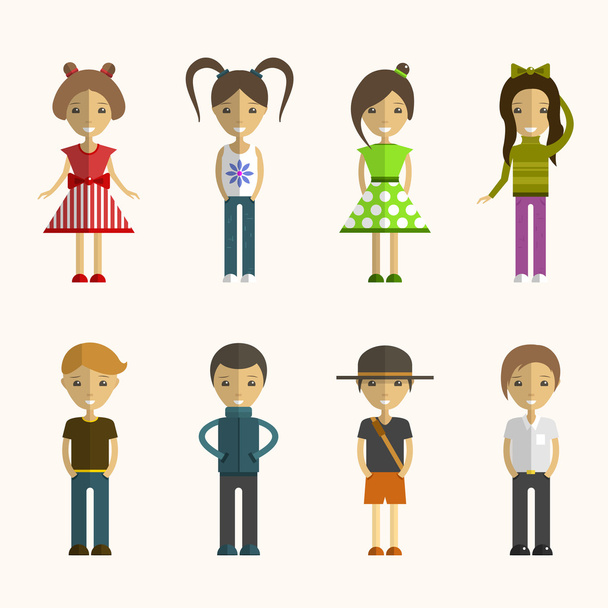 Vector set van mensen stripfiguren in vlakke stijl. Designelementen, avatars. Verschillende nationaliteiten en stijlen. - Vector, afbeelding