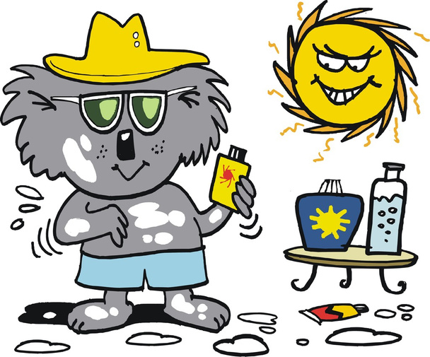 幸せのコアラは、夏の暑い太陽の下でビーチに日焼け止めローションを適用します。. - ベクター画像