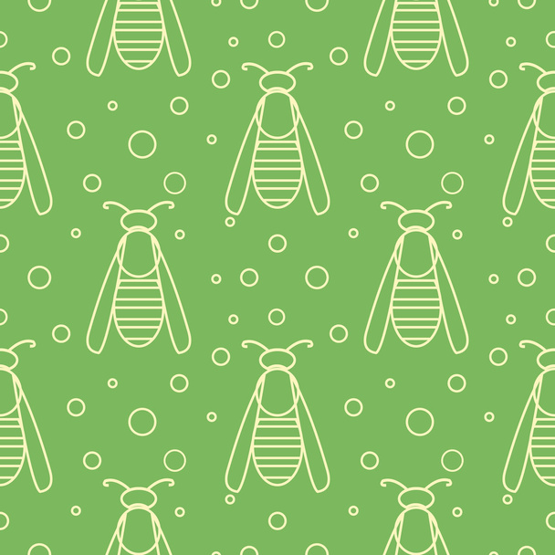 Seamless vector pattern with insects, symmetrical  green background with wasps and dots - Vektör, Görsel