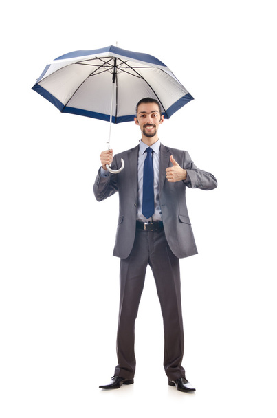 Бизнесмен с зонтиком на белом
 - Фото, изображение
