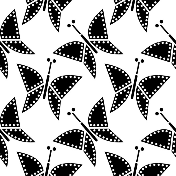 Seamless vector pattern with insects, chaotic black and white background with closeup butterflies - Διάνυσμα, εικόνα