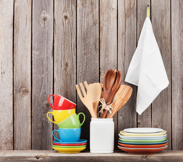 Kitchen utensils on shelf - Photo, Image