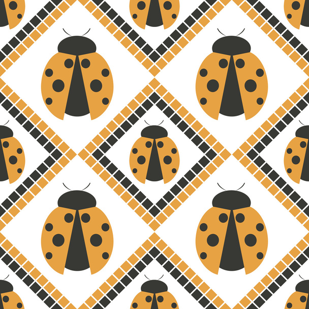 Seamless vector pattern with insects, symmetrical geometric orange background with ladybugs. Decorative repeating ornament - Διάνυσμα, εικόνα