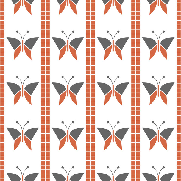 Seamless vector pattern with insects, symmetrical geometric red background with butterflies. Decorative repeating ornament - Vector, imagen